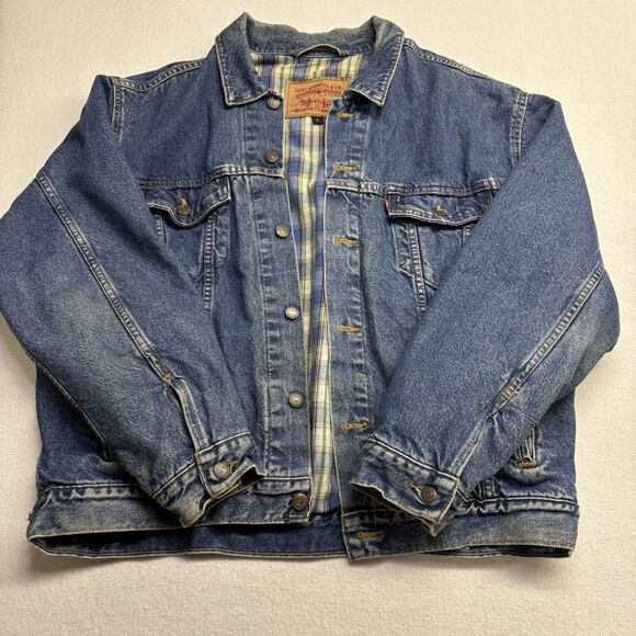 VTG 90's USA Men's LEVI'S Flannel Plaid Lined Jeans Jacket Size Large Coat - Picture 1 of 9